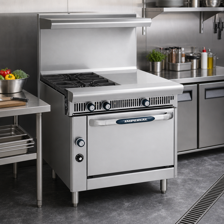Product image #2 for Imperial Spec Series 36-Inch Heavy Duty Gas Range with 4 Open Burners, 12-Inch Hot Top, and Standard Oven