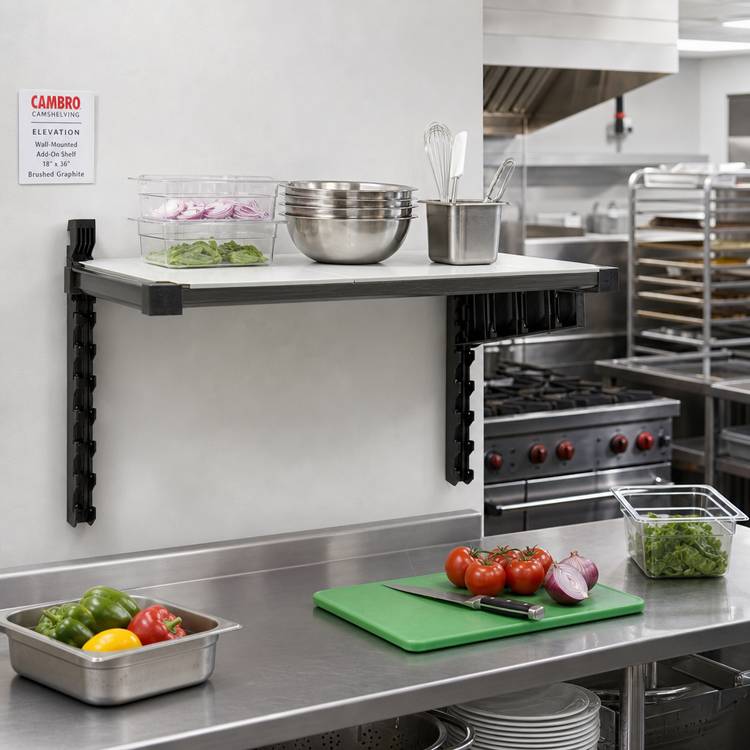 Product image #2 for Cambro Camshelving Elevation Wall-Mounted Solid Add-On Shelf Kit, 18 x 36 Inches, Brushed Graphite