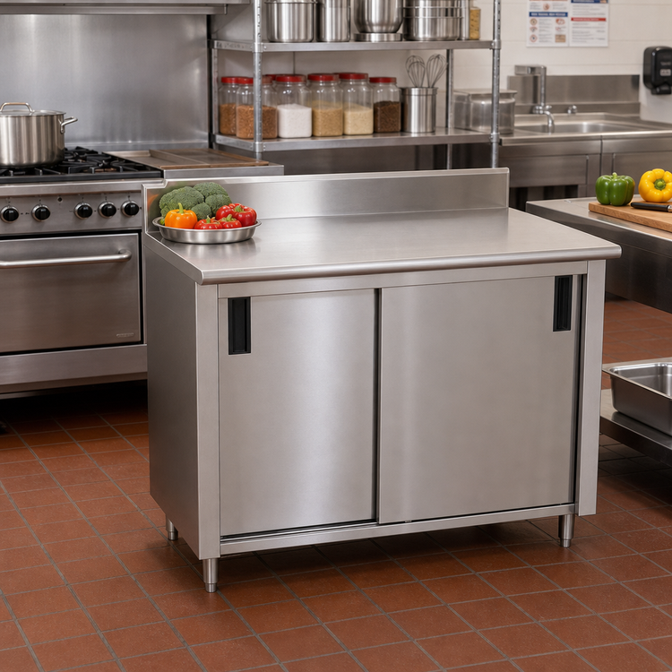 Product image #2 for Advance Tabco Special Value Series Enclosed Work Table with Cabinet Base, Sliding Doors, 48 x 24 x 40.5 Inches, 16 Gauge 304 Stainless Steel Top, 5-Inch Backsplash