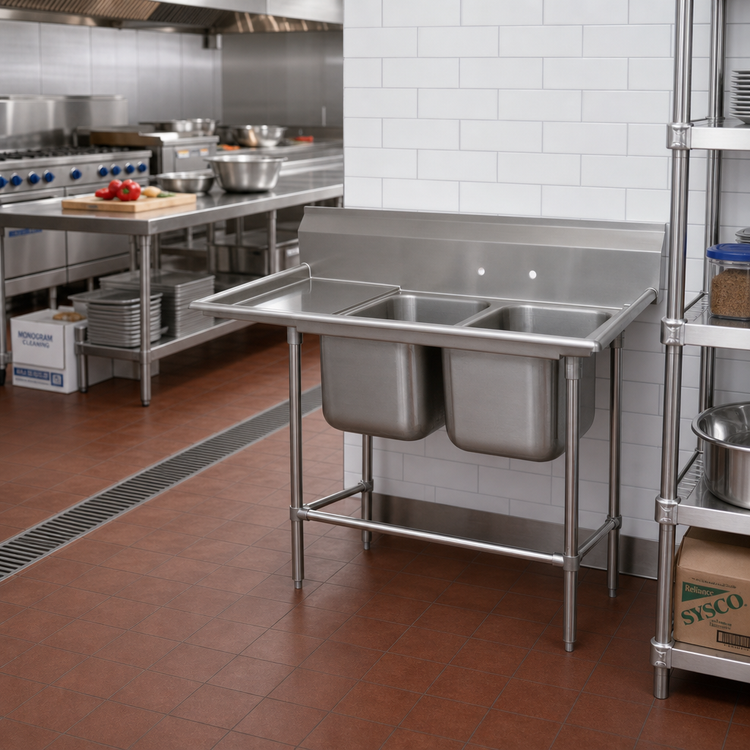 Product image #2 for Advance Tabco Regaline 2-Compartment Sink with Left-Hand Drainboard, 24 x 24-Inch Bowls, 14-Gauge 304 Stainless Steel