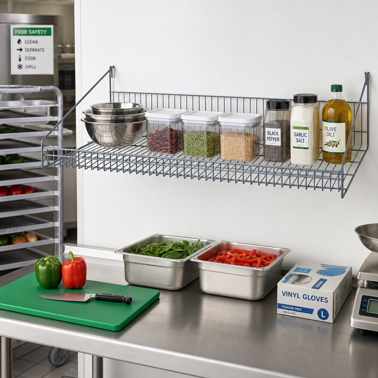 Product image #2 for Quantum SG-LS1836GY Store Grid Wall-Mounted Shelf — 36 Inches W x 18 Inches D x 7.5 Inches H, Gray Epoxy Antimicrobial Finish, Retaining Front Edge, NSF