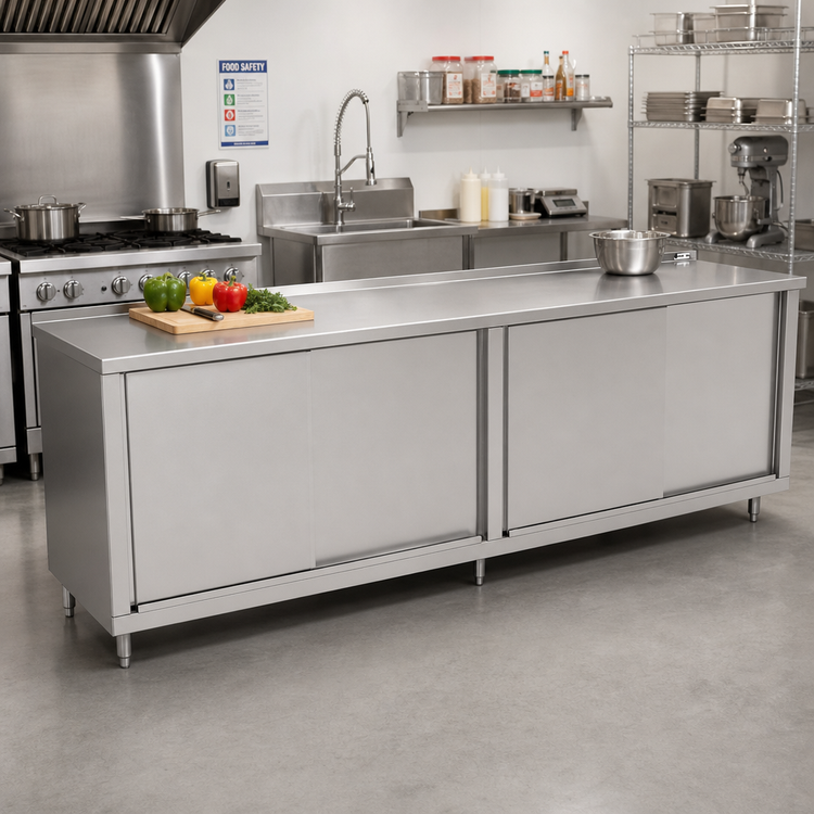 Product image #2 for John Boos 132" W x 36" D Stainless Steel Cabinet Base Work Table with Sliding Doors, 14-Gauge Top, 1-1/2" Rear Riser
