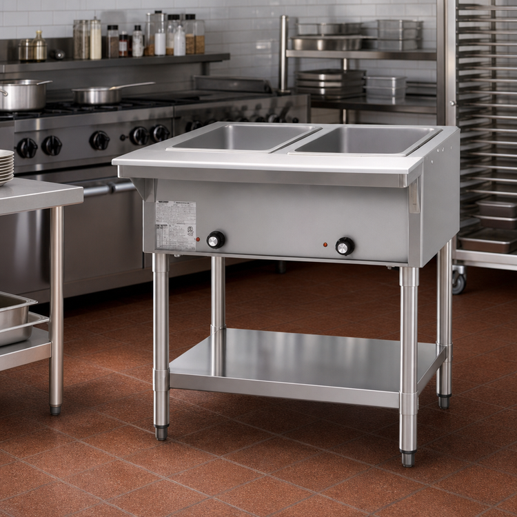 Product image #2 for Electric Stationary Hot Food Table with Open Base, 2 Dry Wells, 33-Inch Wide, Stainless Steel, 240V