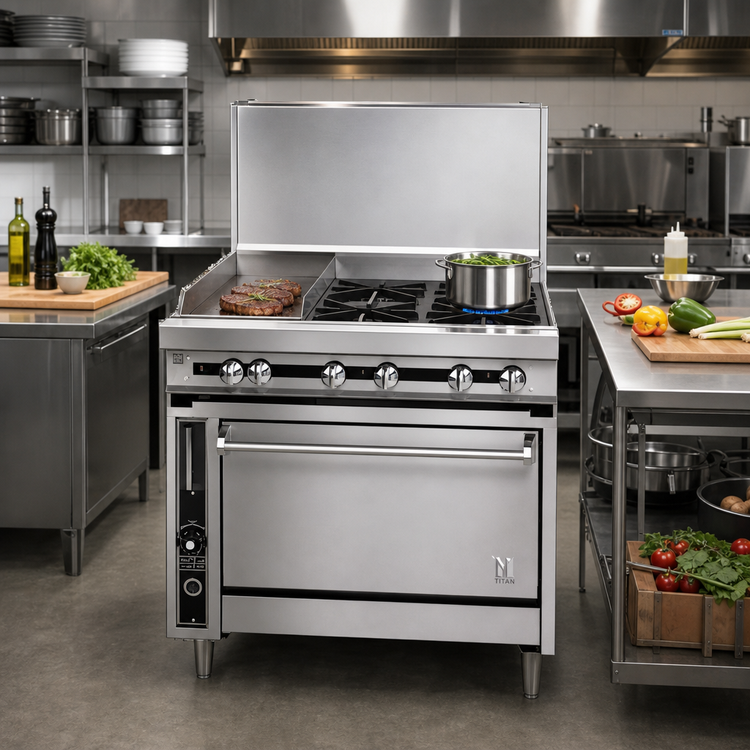 Product image #2 for Titan JTRH-24IP-2 Heavy Duty 36" Gas Range with 2 Open Burners and 24" Plancha