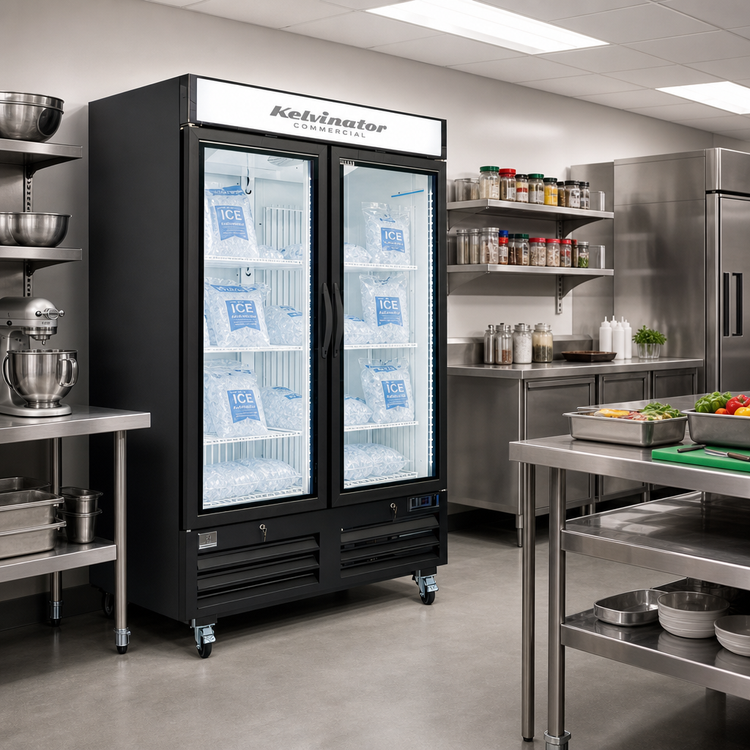Product image #2 for Kelvinator Commercial 2-Section 48 Cu. Ft. Glass Door Reach-In Freezer Ice Cube Merchandiser
