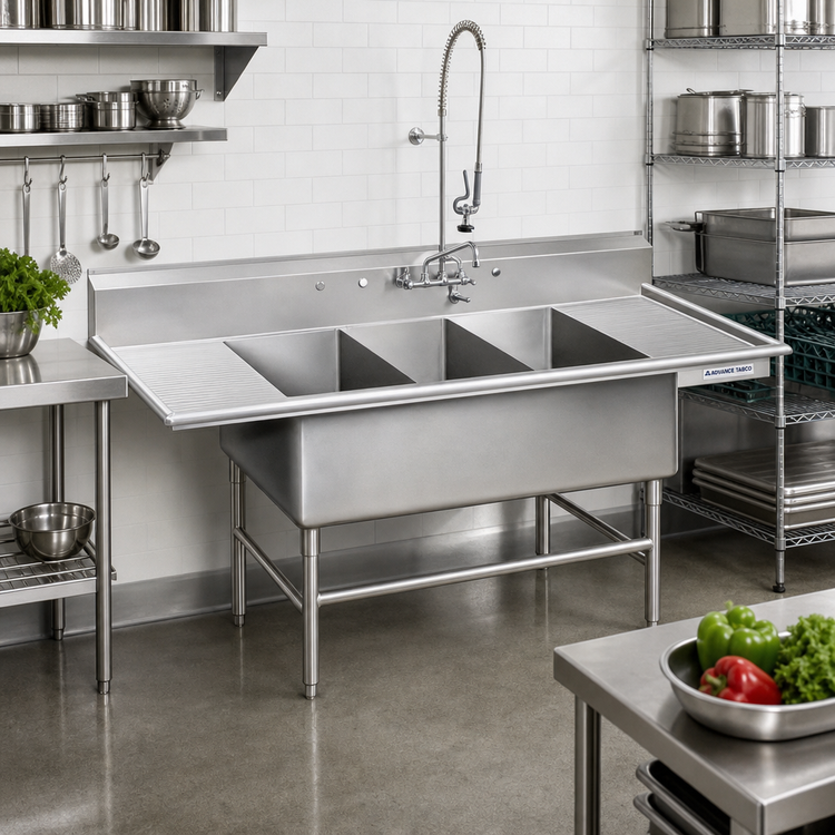 Product image #2 for Advance Tabco Regaline K7-3-3030-24RL Super Size 3-Compartment Sink with Left & Right-Hand Drainboards