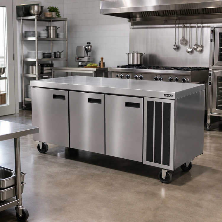 Product image #2 for Delfield Three-Section Refrigerated Work Table, 114-Inch, 3-Door, Side-Mounted Self-Contained R290