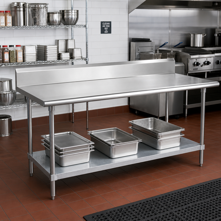 Product image #2 for Advance Tabco 144-Inch x 36-Inch Stainless Steel Work Table with 5-Inch Backsplash and Adjustable Galvanized Undershelf