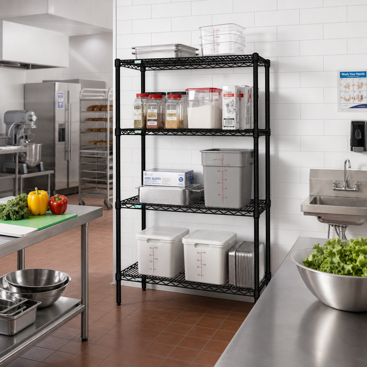 Product image #2 for Quantum 4-Shelf Stationary Wire Shelving Starter Kit, 30 Inch Wide x 86 Inch High, Black Epoxy Antimicrobial Finish