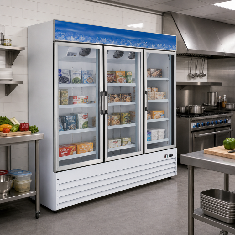 Product image #2 for Omcan USA Three-Section Reach-In Display Freezer with Self-Closing Hinged Glass Doors, 52.3 Cu. Ft., Bottom Mount