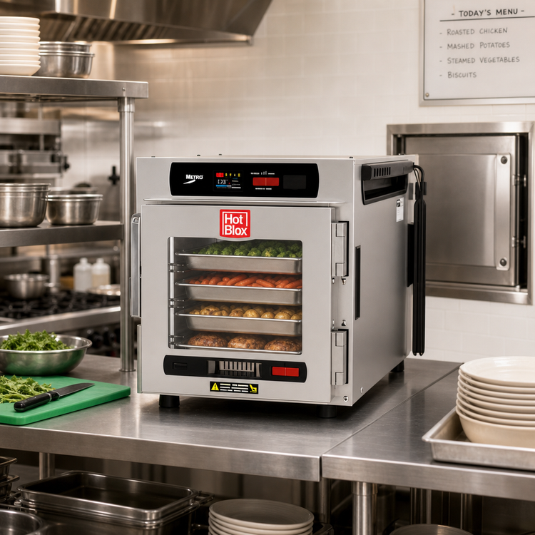 Product image #3 for Metro HotBlox Narrow 4-Pan Pass-Thru Insulated Holding Cabinet, Digital Touchscreen, Clear Front / Solid Rear Doors, Countertop/Stacking