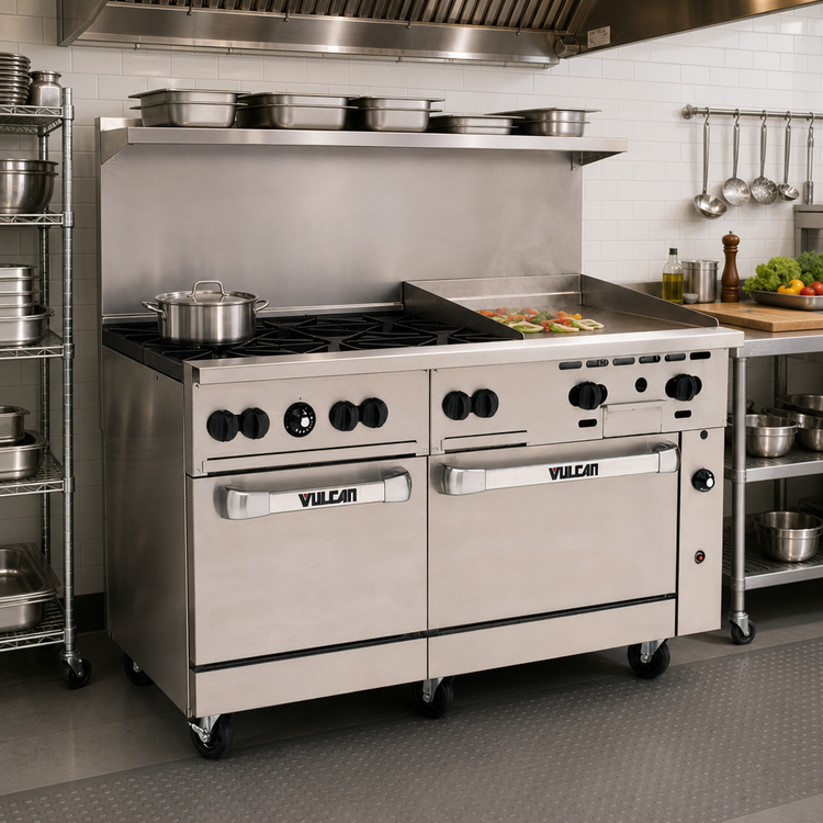 Product image #2 for Vulcan Endurance 60-Inch Commercial Gas Restaurant Range with 6 Open Burners, 24-Inch Griddle, and 2 Standard Ovens - Propane