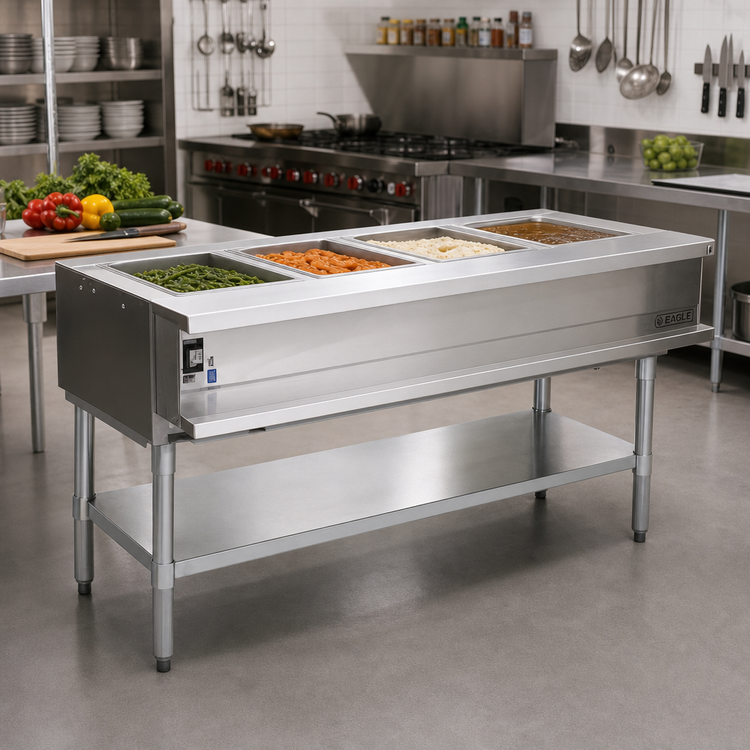 Product image #2 for Eagle Group 63-1/2-Inch Wide Natural Gas Water Bath Hot Food Table, 4-Pan Open Well, Open Base with Undershelf