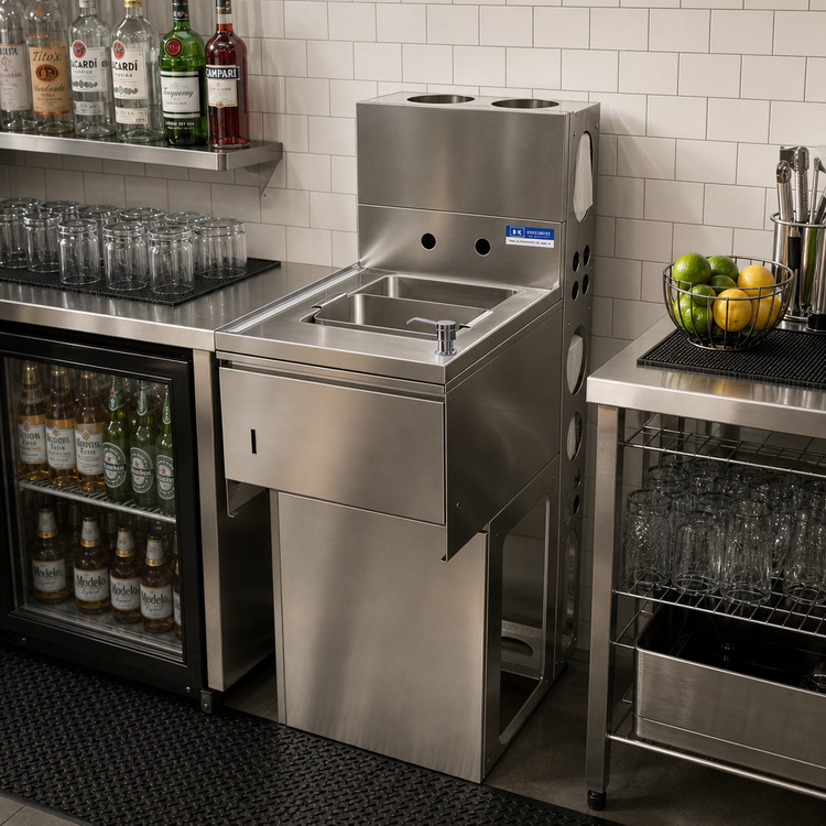 Product image #2 for BK Resources Slimline 1-Compartment Underbar Dump Sink with Faucet, Soap Dispenser, Basket Drain and Towel Dispenser