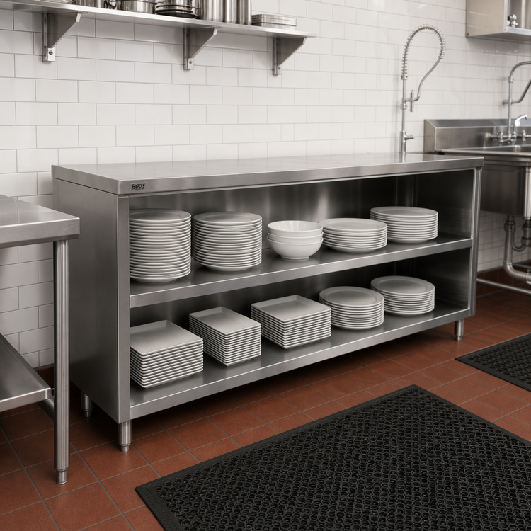 Product image #2 for John Boos Open Front Stainless Steel Dish Cabinet with Mid-Shelf, 132 x 15 x 35 Inches