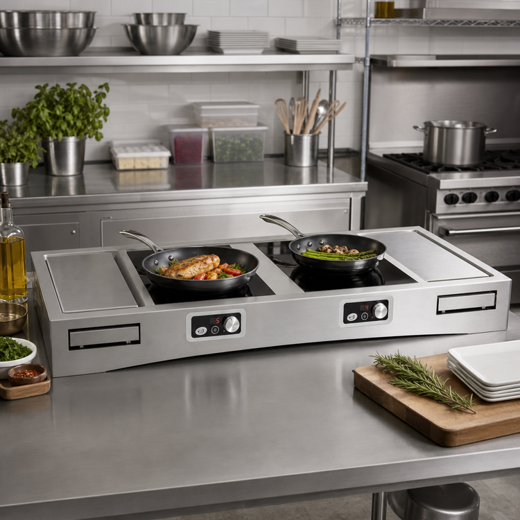Product image #3 for TableCraft Double Induction Countertop Station Kit with 2 Drop-In Cooktops and Cooling Plates, Brushed Aluminum, 47-3/8 x 25-1/4 x 6 Inches