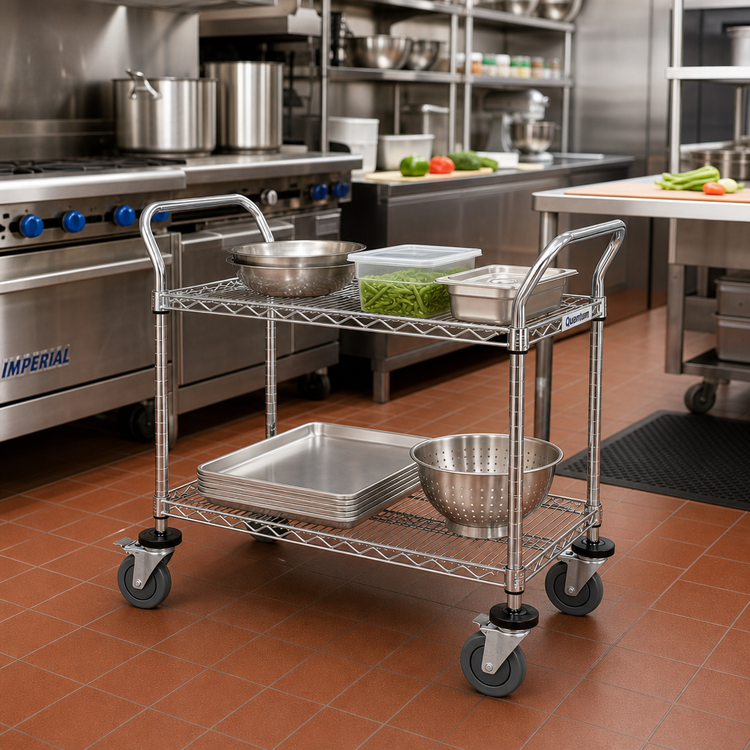 Product image #2 for Quantum 30 Inch x 21 Inch Chrome Plated Utility Bus Cart with 2 Wire Shelves