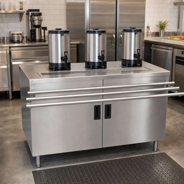 Product image #2 for BK Resources 60 Inch Stainless Steel Self-Serve Counter with Hinged Doors and Tray-Side Urn Trough