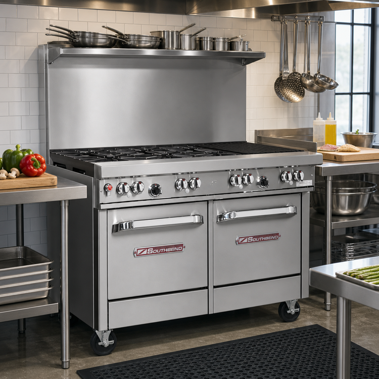 Product image #2 for Southbend Ultimate 48-Inch Commercial Gas Restaurant Range with 4 Open Burners, 24-Inch Charbroiler, Convection Oven, and Cabinet Base