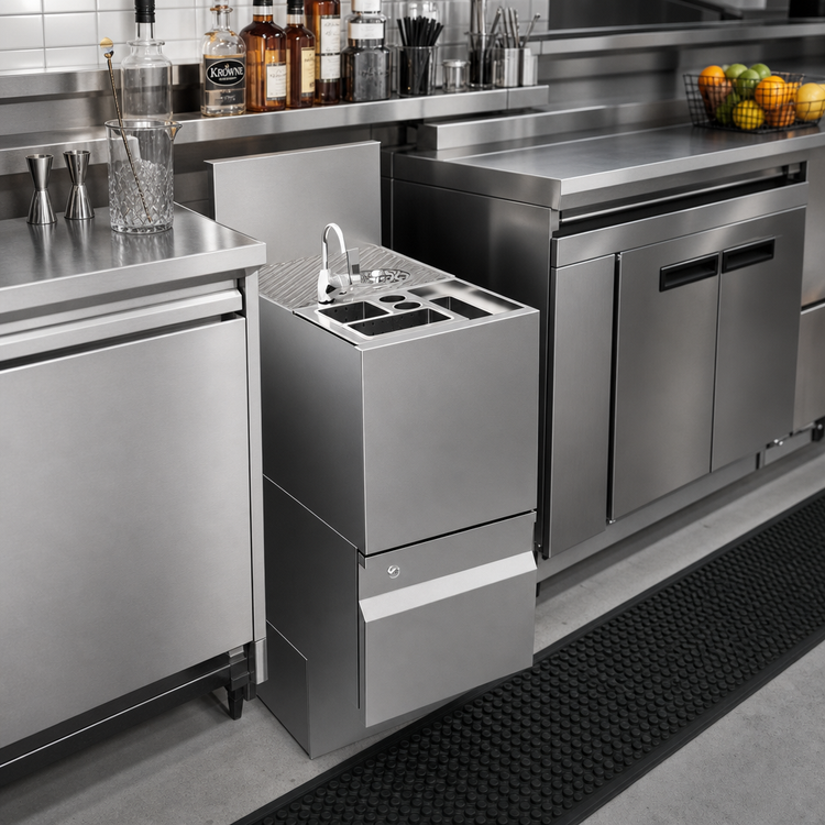 Product image #2 for Krowne Alchemy Series 12-Inch Underbar Tool Caddy with Glass Rinser Faucet, 4 Wet Bins and Dry Bin
