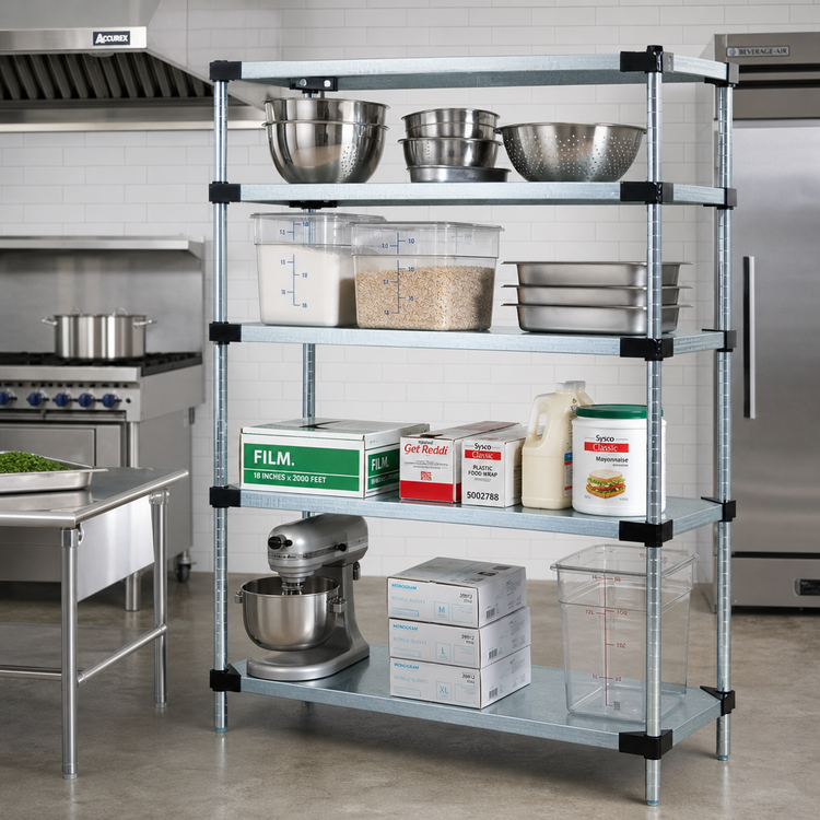 Product image #2 for Quantum Stationary Solid Shelving Starter Kit, 60"W x 24"D x 54"H, 4 Shelves, Galvanized Steel/Chrome Posts
