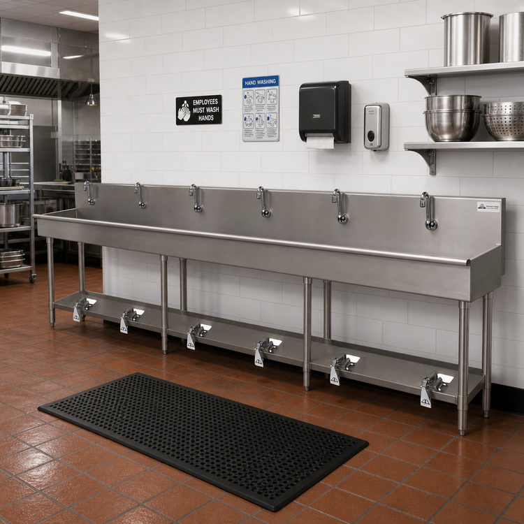 Product image #2 for Advance Tabco 19-FM-120FV 6-Station Floor-Mounted Multiwash Hand Sink with Toe-Push Valves, 120-Inch Wide