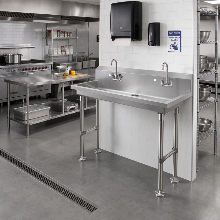 Product image #2 for John Boos PBMSHS-F1-4020 Freestanding Multi-Station Hand Wash Sink, 40 Inch, 2 Single 1-Inch Faucet Holes, 16-Gauge Stainless Steel
