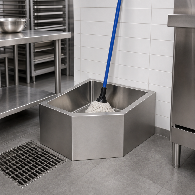 Product image #2 for Eagle Corner Floor-Mounted Mop Sink with Flush Edge, Full Skirt, 21 x 21 x 8-Inch Fabricated Bowl, 304 Stainless Steel