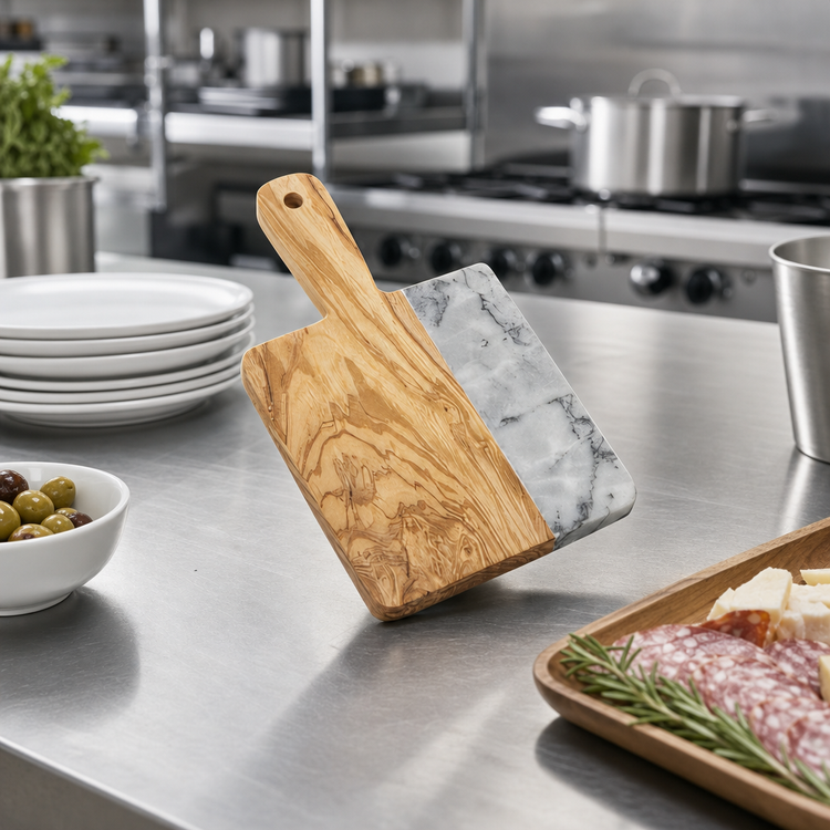 Product image #2 for American Metalcraft Olive Wood and Gray Marble Square Serving Peel with Handle, 9-Inch Overall Length