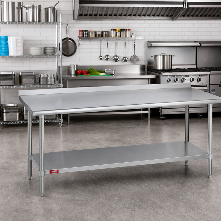 Product image #2 for Duke 314 Series 144-Inch Long x 24-Inch Deep 14-Gauge 300 Series Stainless Steel Work Table with 1-1/8-Inch Straight Riser and Galvanized Base