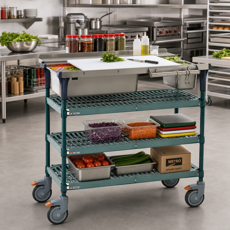 Product image #2 for Metro PrepMate® MultiStation 18 x 48 Height-Adjustable Mobile Prep Cart with Super Erecta Pro® Hybrid Mat Shelves