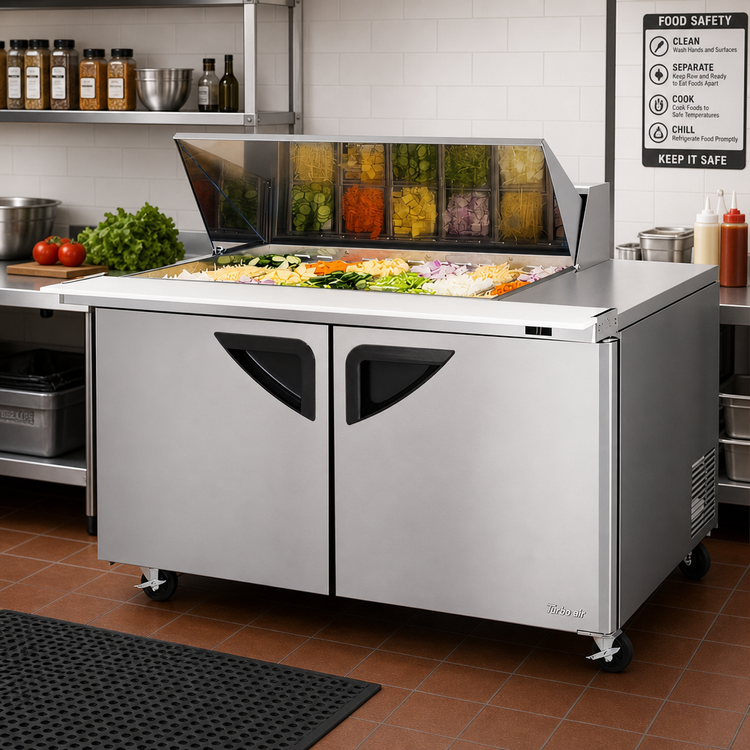 Product image #3 for Turbo Air Super Deluxe 60-3/8-Inch 2-Section Mega Top Sandwich/Salad Prep Table, 18-Pan, 19 Cu. Ft., Self-Contained