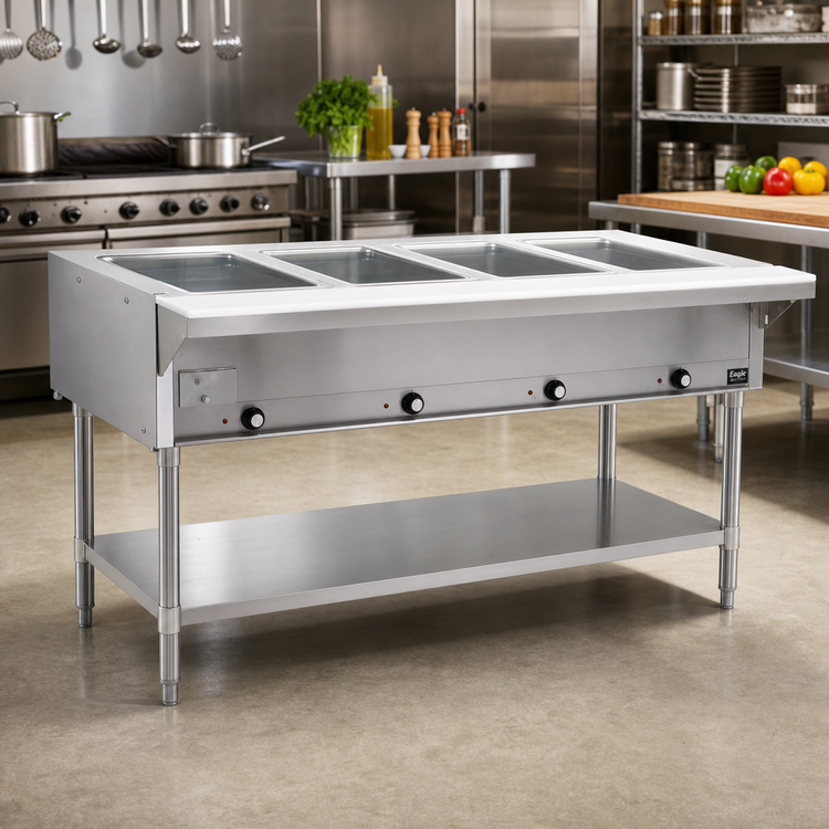 Product image #2 for Eagle Group 63-1/2-Inch Wide 4-Well Liquid Propane Hot Food Table with Open Base, Stainless Steel Top, and Cutting Board