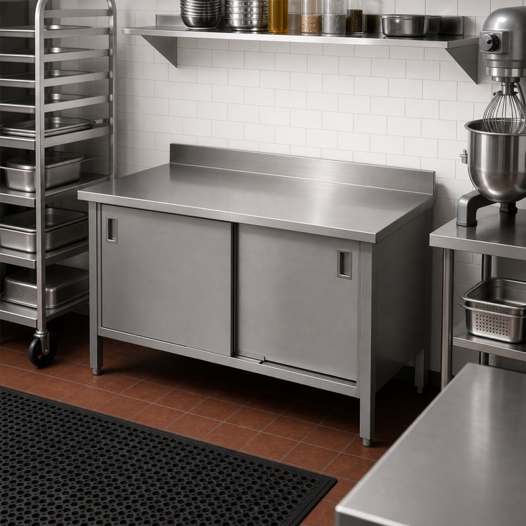 Product image #2 for John Boos Enclosed Base Stainless Steel Work Table with Sliding Doors, 72 x 30 Inches, 5-Inch Backsplash
