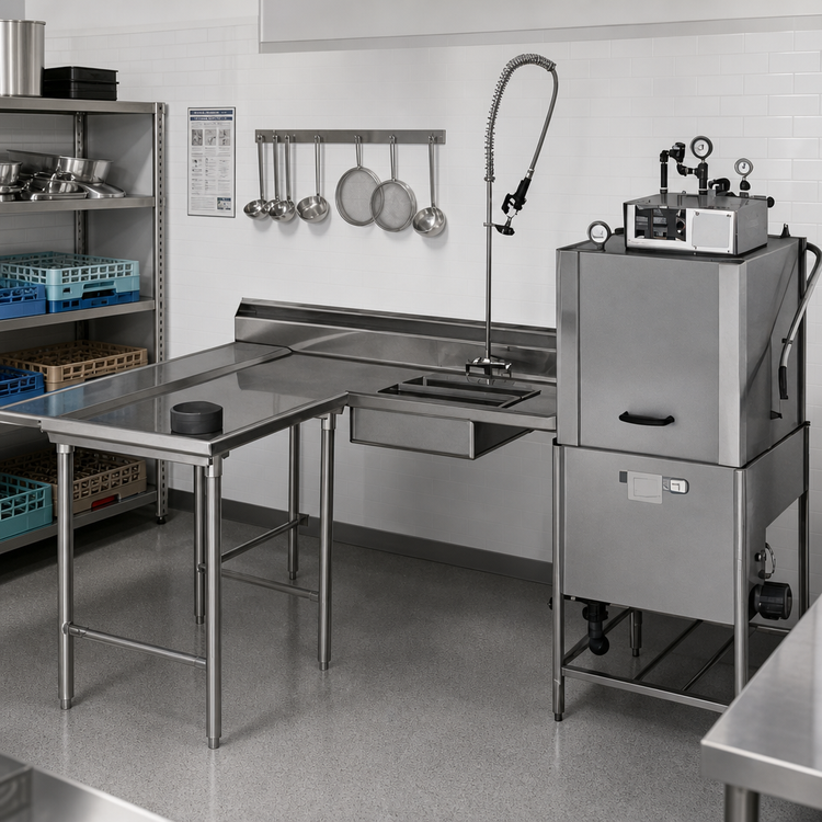 Product image #2 for Eagle Group Island Soiled Dishtable with Dish Landing Shelf and Pre-Rinse Sink, Left-to-Right Operation, 72-Inch Machine-to-Corner, 60-Inch Corner-to-End