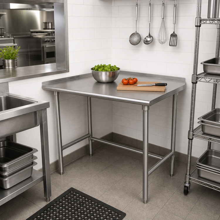 Product image #2 for Advance Tabco 30-Inch x 30-Inch Corner Stainless Steel Work Table with 16-Gauge 304 Top and 1-1/2-Inch Rear Up-Turn