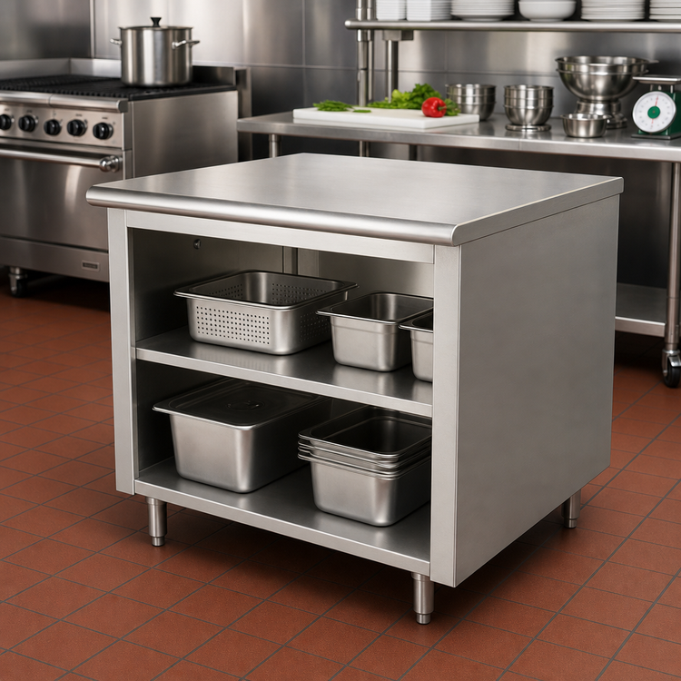 Product image #2 for Advance Tabco 36" x 24" Open Front Cabinet Base Work Table with Mid-Shelf, 14-Gauge 304 Stainless Steel Top