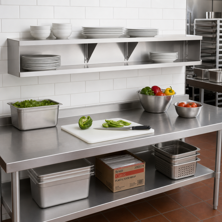 Product image #2 for Advance Tabco Stainless Steel Add-On Dish Shelf for Food Tables, 47-1/8 Inch W x 7 Inch D