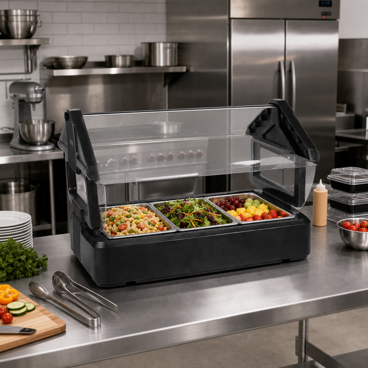 Product image #2 for SixStar Tabletop Cold Food Bar with Double-Sided Acrylic Sneeze Guard, Black, 3 Full-Size Pan Capacity