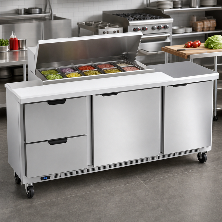 Product image #3 for Beverage-Air 72-Inch Three-Section Sandwich Prep Table with 17-Inch Cutting Board, 8-Pan Top, 2 Doors, and 2 Drawers