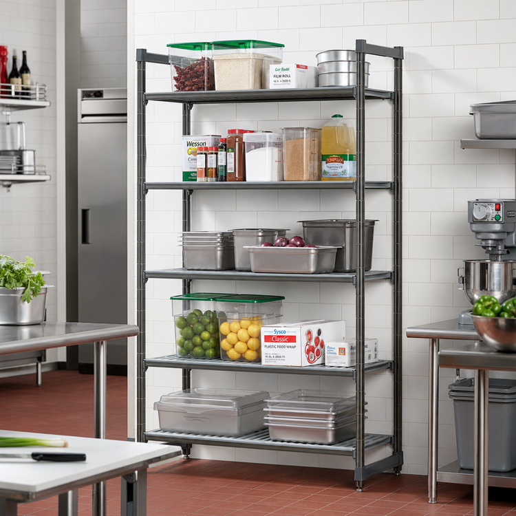 Product image #2 for Cambro Camshelving Basics Plus 42"W x 24"D x 84"H 5-Tier Stationary Louvered Polymer Shelving Starter Unit, Brushed Graphite