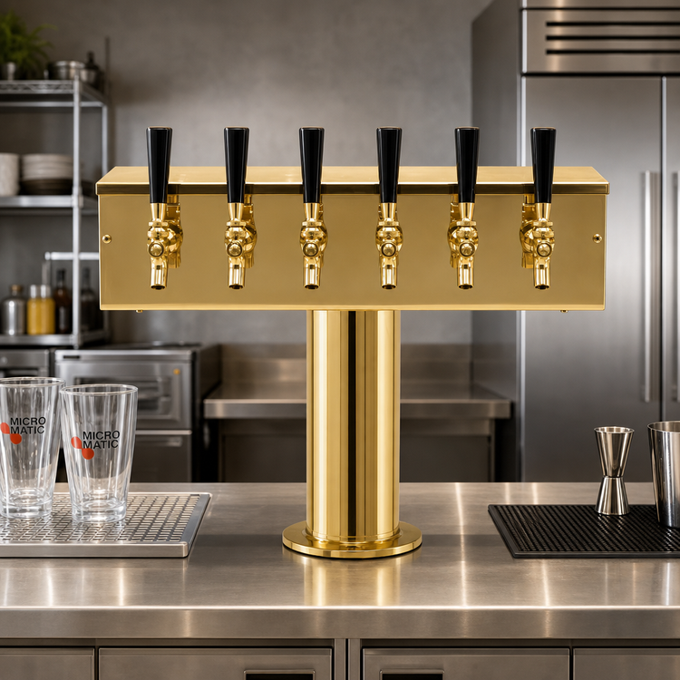 Product image #2 for Micro Matic T-Style Countertop Air-Cooled Draft Beer Tower with 6 Brass Faucets, PVD Brass Finish