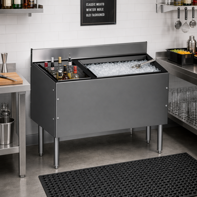 Product image #2 for CHOICE Extra Deep 36-Inch Stainless Steel Underbar Combo Ice Bin/Cocktail Unit with Left-Side Bottle Well and 10-Circuit Cold Plate