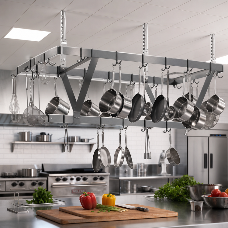 Product image #2 for Eagle Group 88-Inch Wide Triple-Bar Stainless Steel Ceiling-Mounted Pot Rack