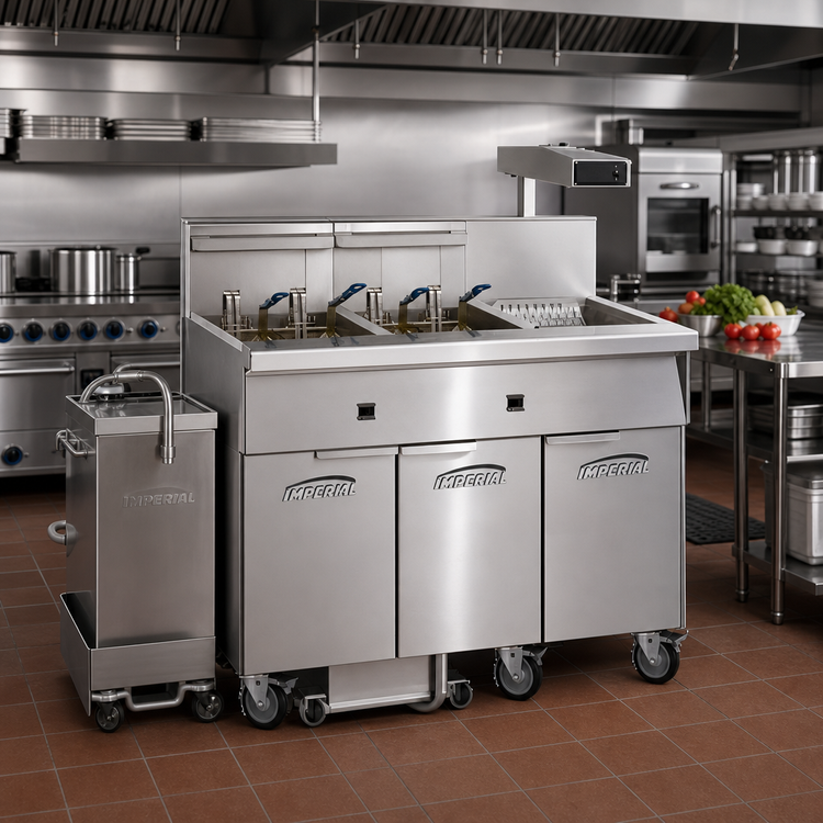 Product image #2 for Imperial Triple Battery Electric Floor Fryer with 3 50-Lb Tanks, Built-In Filter System and Dump Station