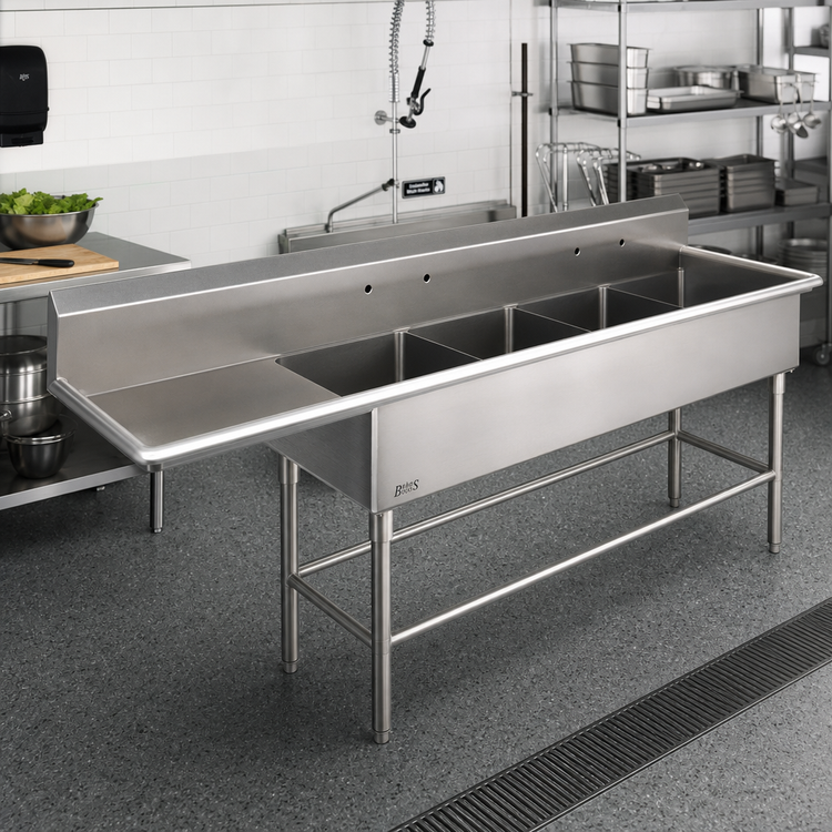 Product image #2 for John Boos Pro-Bowl 4-Compartment Sink with 30-Inch Left Drainboard, 20 x 20 x 14-Inch Bowls, 16-Gauge Stainless Steel