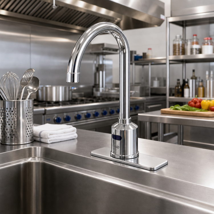 Product image #2 for equip Electronic Touchless Deck-Mount Rigid Gooseneck Faucet, 4" Centers, Polished Chrome, 1.5 GPM