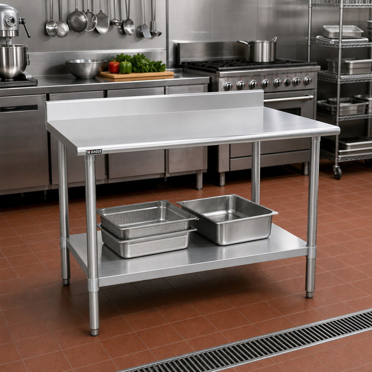 Product image #2 for Eagle Spec-Master 48 Inch x 30 Inch 14 Gauge 300 Series Stainless Steel Work Table with Backsplash and Adjustable Undershelf