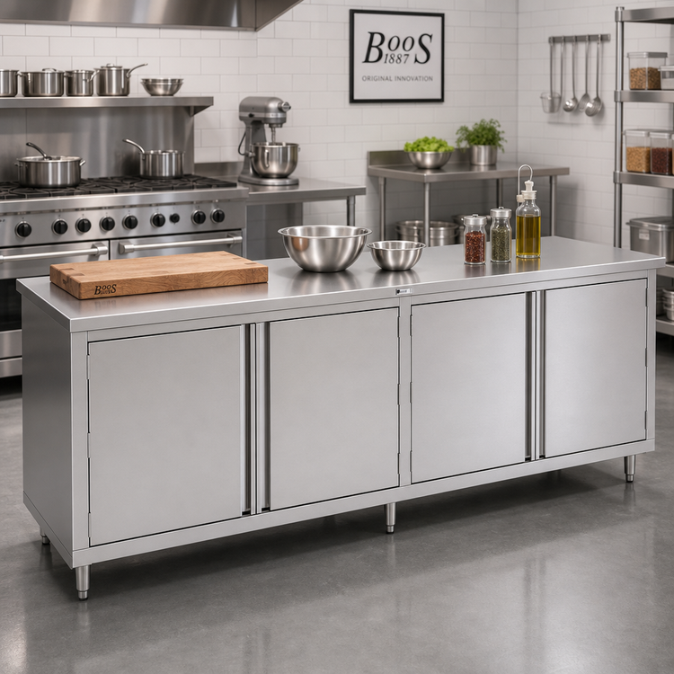 Product image #2 for John Boos 108-Inch x 24-Inch Stainless Steel Cabinet Base Work Table with 2 Sets of Hinged Doors