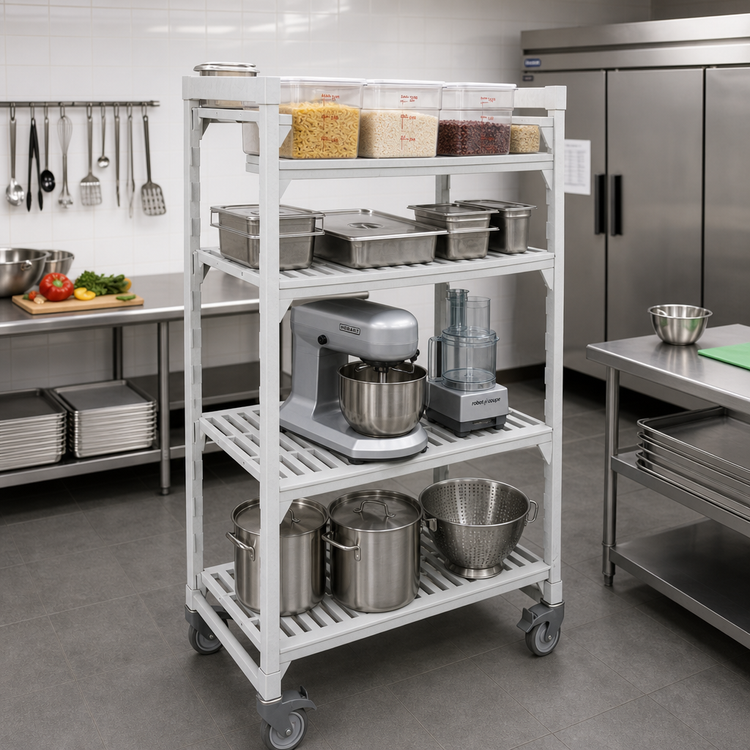 Product image #3 for Cambro Camshelving Premium 24" x 60" x 75-1/4" High Density Mobile Starter Unit, 4-Tier Vented, Speckled Gray